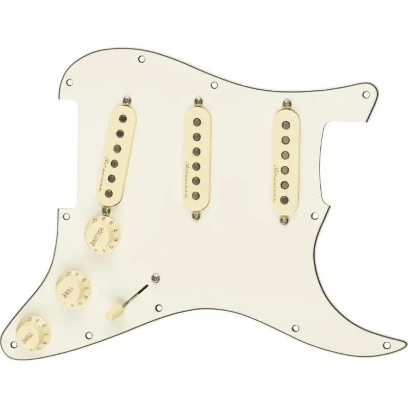 Offerta Speciale FENDER Pre-Wired Strat Pickguard Vintage Noiseless SSS Parchment 11 Hole PG